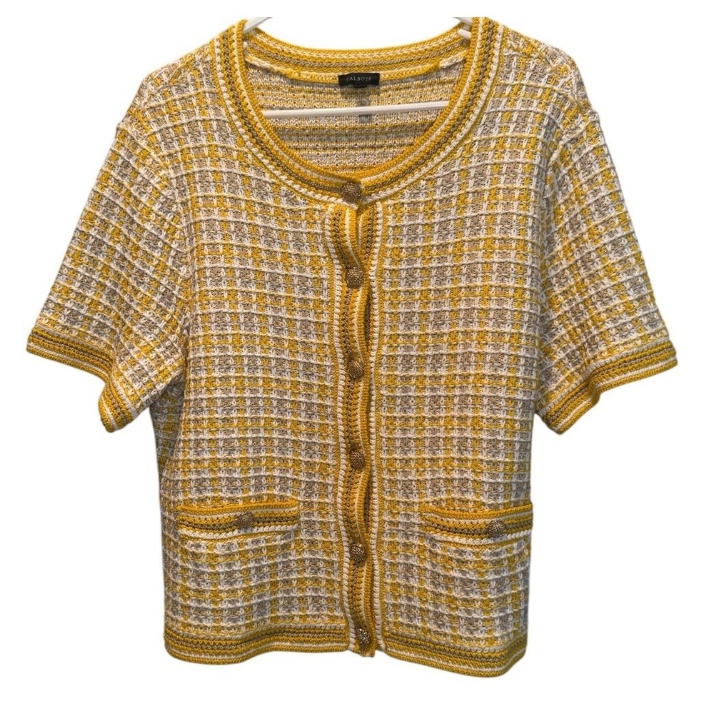 Talbots Yellow White Textured Gold Button Short Sleeve Sweater Cardigan XL